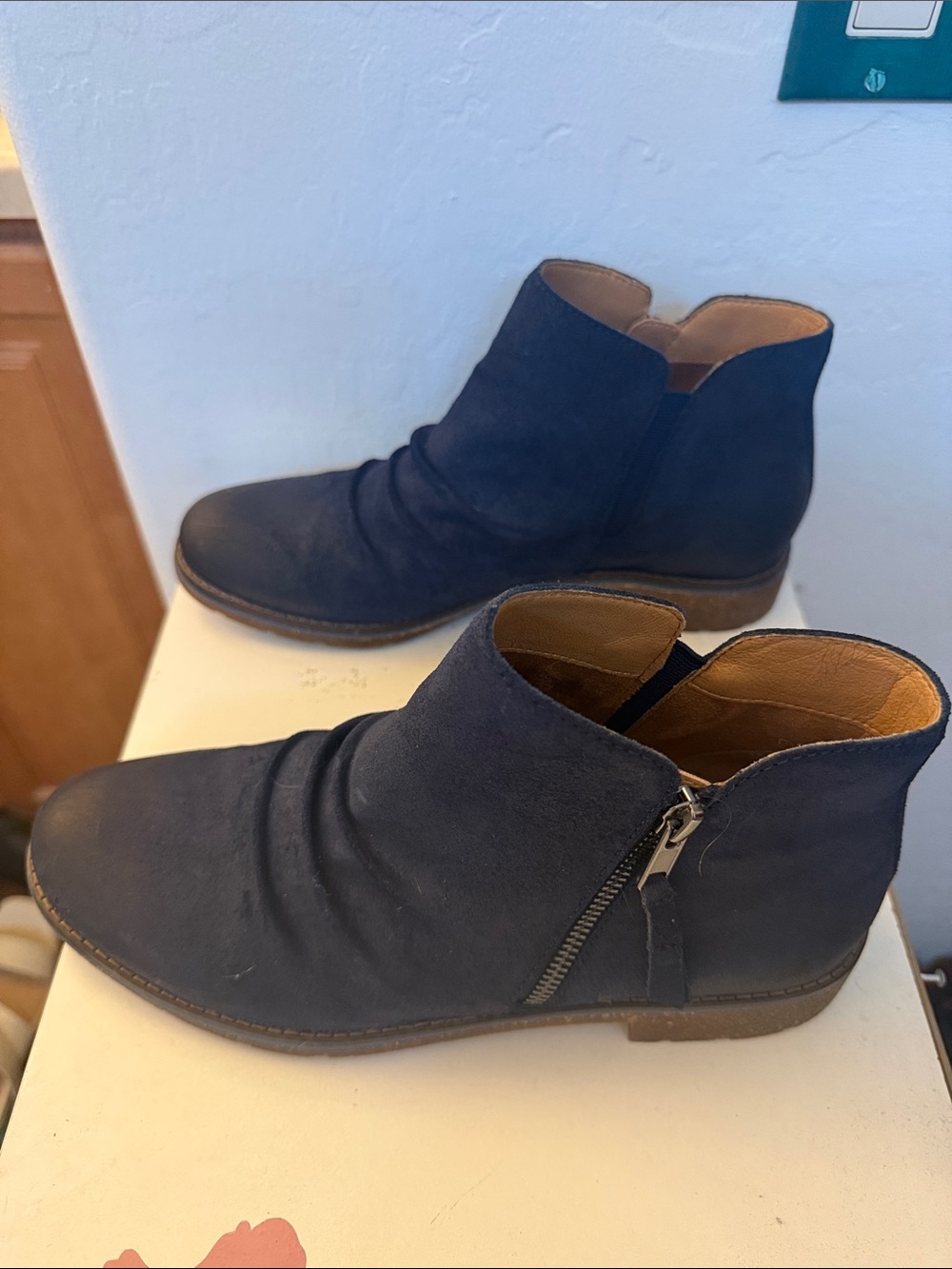 Aetrex Navy Suede Ankle Bootie with Side Zip